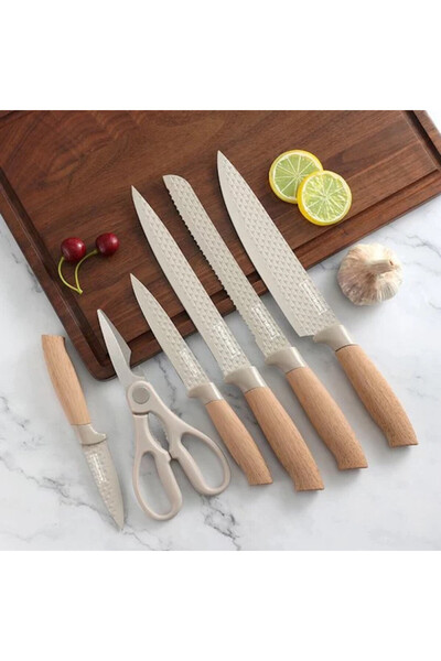 Royalty Line DC07E Knife Set, 7 Pieces, Stand, Scissors, Stainless Steel, Ergonomic Handles, Beige