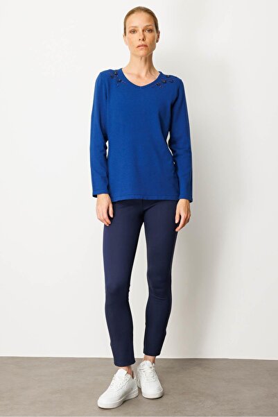 Desen Triko Women's V-Neck Shoulder Beaded Blouse K.Saks