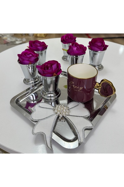 SEVA ÇELİK Decorative Silver Plated 6 Pieces Rose Bowl Includes Fuchsia Color Roses