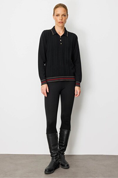 Desen Triko Women's Polo Neck Glitter Striped Wool Blouse Black