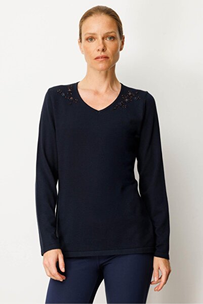 Desen Triko Women's V-Neck Shoulder Beading Embroidered Blouse K.Dark Blue