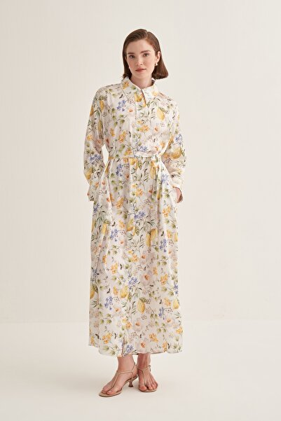 EBU Prive Women's Patterned Oversize Shirt Dress Lemon Floral Pattern
