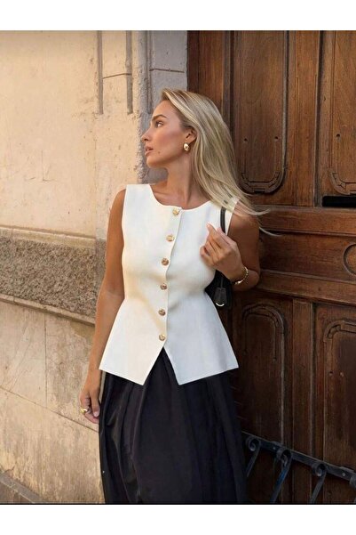 MASSONE Kadın Düğmeli Triko Likralı Yelek