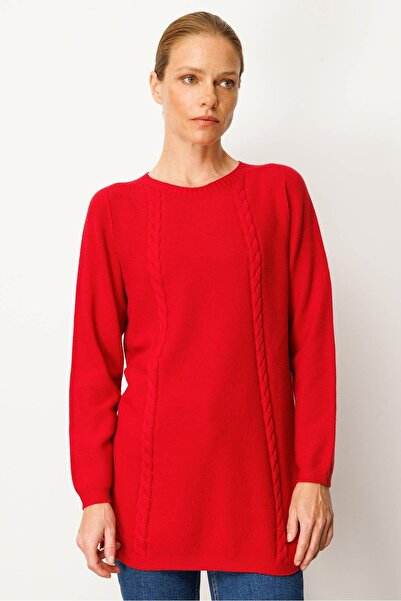 Desen Triko Women's Knitwear Side Slit Rice Knit Sweater Dark Red