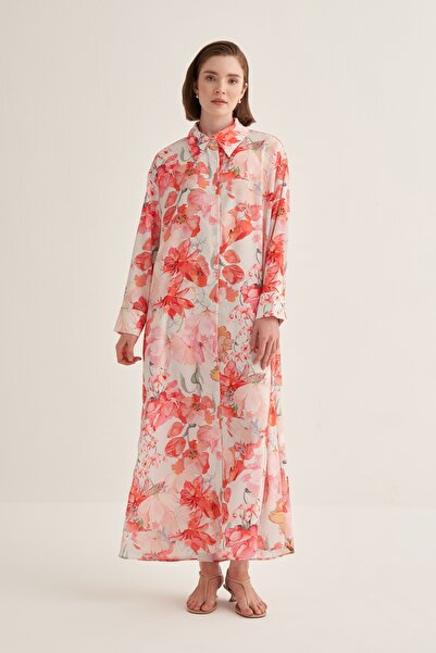 EBU Prive Women's Patterned Oversize Shirt Dress Pink Floral Pattern