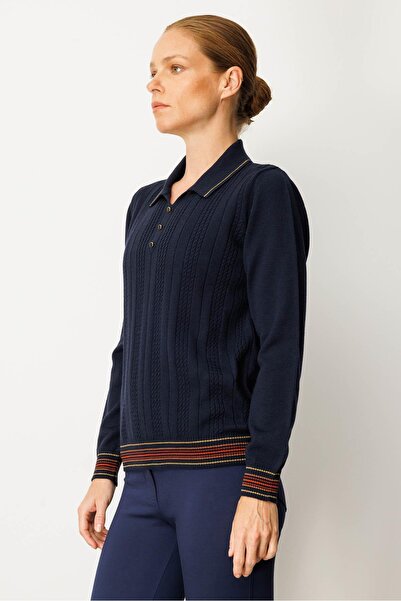 Desen Triko Women's Polo Neck Glitter Striped Wool Blouse Dark Navy
