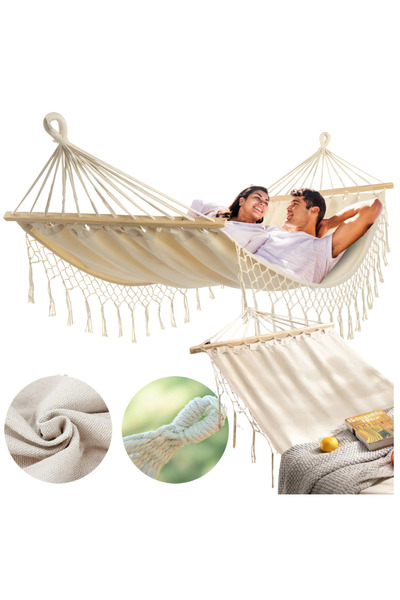Other Bohemian Macrame Garden Hammock with Spreader Bar and Headband for One Person, Beige Cover