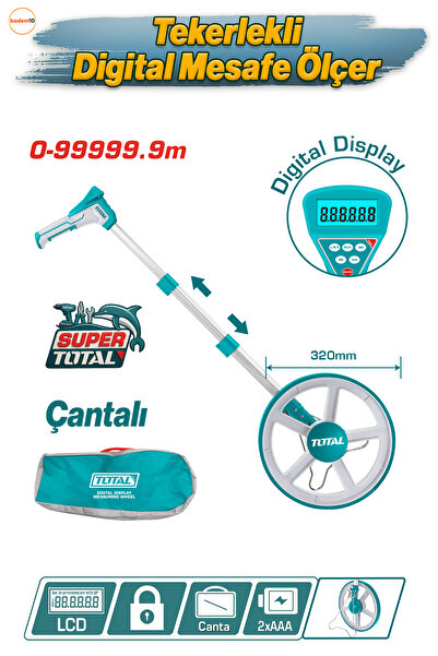 Badem10 Total TMT19923 Tekerlekli Dijital Ekranlı Mesafe Arazi Ölçer 320mm Hassas Ölçüm Cihazı Katlanabilir