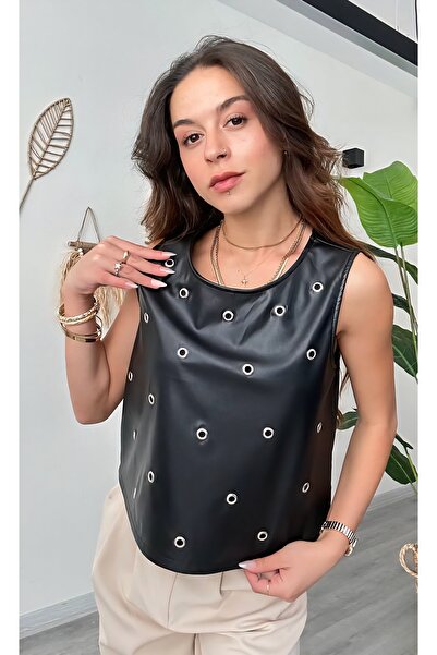 Şamdan Faux Leather Blouse with Bird Eye Detail
