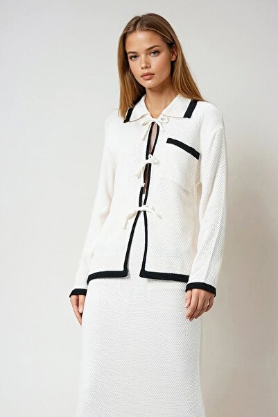 VAGGON Women's Ecru Polo Neck Tied Knit Top and Midi Skirt Knit Set Vs00976