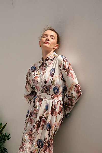 EBU Prive Women's Patterned Oversize Shirt Dress Abstract Floral Patterned