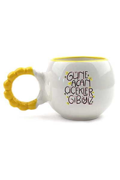 PALTO TASARIM We Are Like Flowers Blooming in the Sun Handmade Cream Shiny Puff Mug - Handcrafted Gift Mug Cup