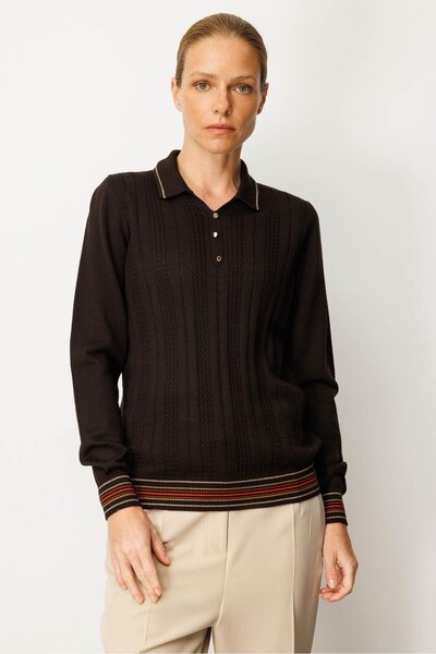 Desen Triko Women's Polo Neck Glitter Striped Wool Blouse Dark Brown