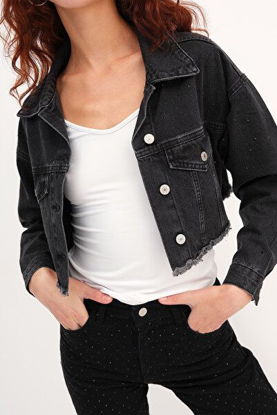 Addax Stoned Crop Denim Jacket C5017-1