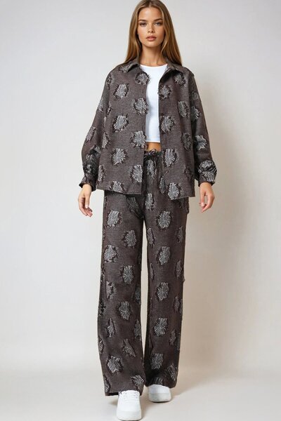 VAGGON Cămașă maro cu ciucuri supradimensionat și pantaloni cu talie elastică pentru femei, set dublu țesut Vs01007