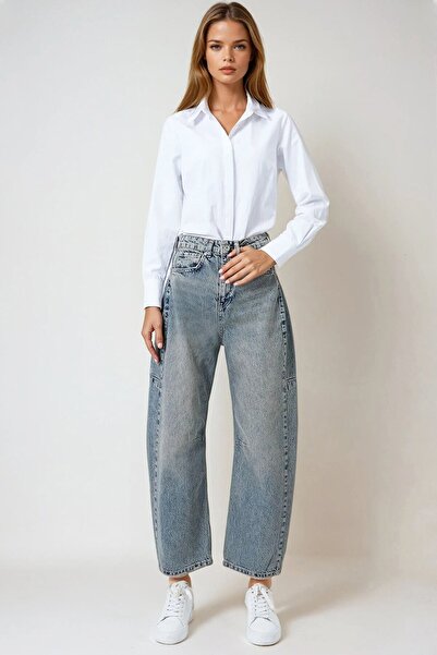 VAGGON Women's Green Tinted Blue 5-Pocket Stitching Detailed Wide Leg Jeans Vs01018