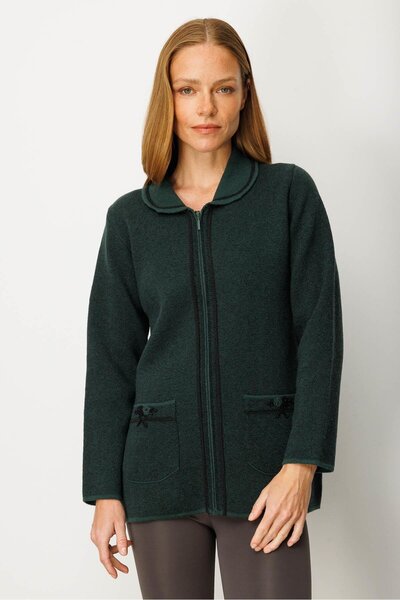 Desen Triko Women's Polo Neck Pocket Embroidered Wool Cardigan Green