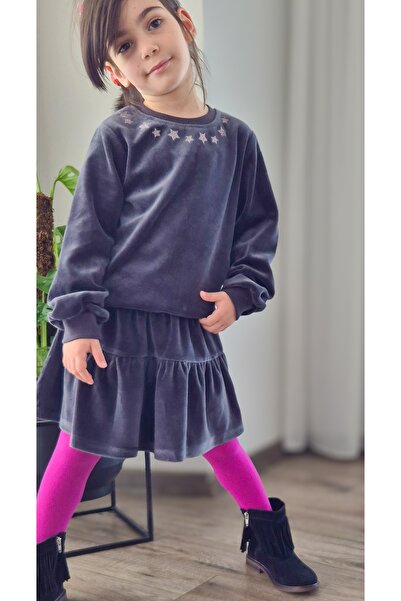 BALKABAĞI Smoked Velvet Glitter Star Printed Girl's Suit with Skirt (2-8 Years Old)