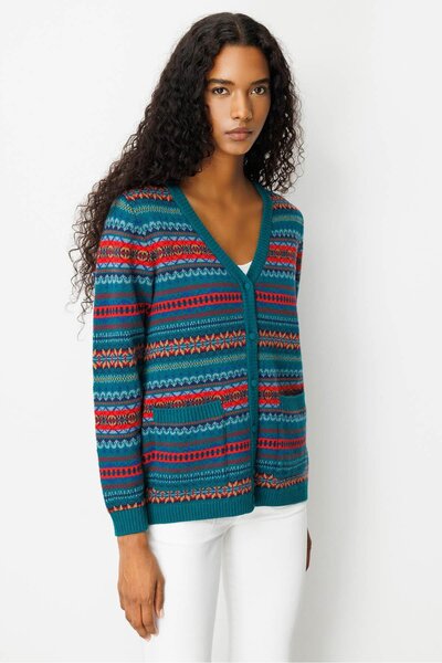 Desen Triko Women's V-Neck Jacquard Wool Cardigan Early 2000S