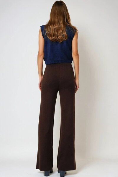 VAGGON Kadın Acı Kahve Yüksek Bel Beli Lastikli Triko Palazzo Pantolon Vs00973