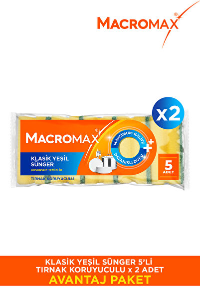 MACRO MAX Klasik Yeşil Oluklu Bulaşık Süngeri Ergonomik 10 Adet Paket