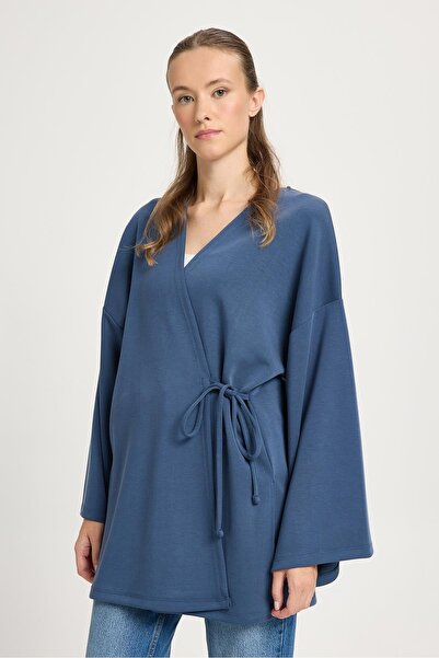 minaaise Jachetă lungă oversize indigo pentru femei, din modal moale, 30006