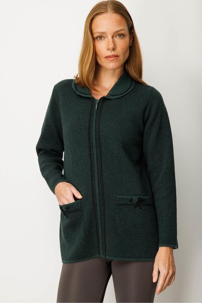 Desen Triko Women's Polo Neck Pocket Embroidered Wool Cardigan Green