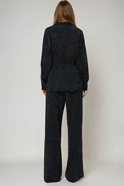 VAGGON Women's Black Bow Oversized Shirt and Lace-Up Elastic Waist Stone Embroidered Two-Piece Set Vs01006