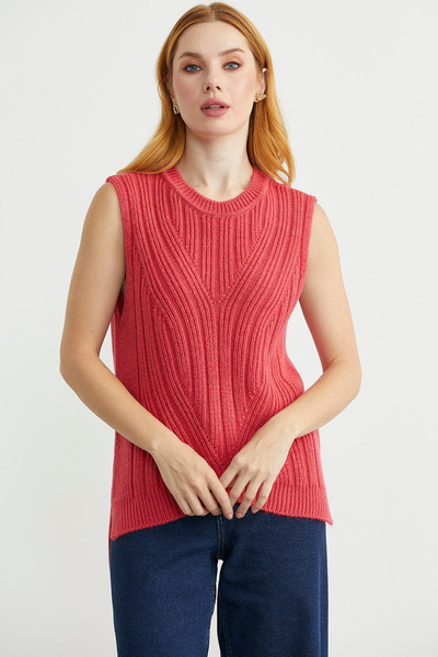 Sementa Long Back Crew Neck Wool Knit Sweater - Coral