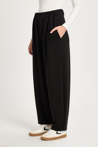 minaaise Women's Black Oversize Modal Fabric Soft Pantalon 30004