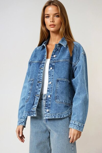 VAGGON Blue Double Pocket Full Button Closure Denim Jacket