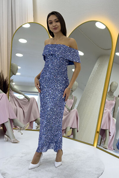 the ZKS Women's Madonna Collar Sequin Embroidered Pencil Midi Length Evening Dress Black, Lilac, Navy Blue, Beige, Khaki, Water Green