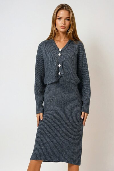 VAGGON Women's Anthracite Button Closure Crop Cardigan and Front Back V-Neck Corded Fabric Knitwear Dress Set Vs01005