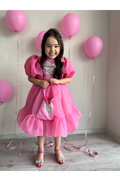 Sare Çocuk Giyim Girl's Pink Heart and Ruffle Detailed Karolin Princess Birthday Evening Dress + Bag + Buckle
