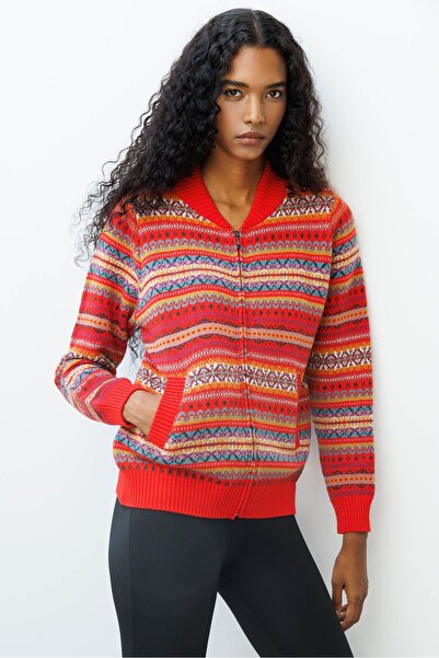 Desen Triko Women's Judge Collar Jacquard Wool Cardigan Coral