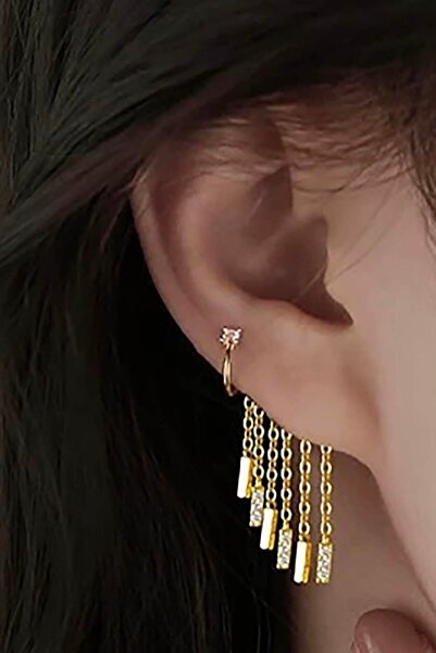 TAKIŞTIR Altın Renk Taş Detaylı Sallantılı Cerrahi Çelik Piercing Kulak Akses...