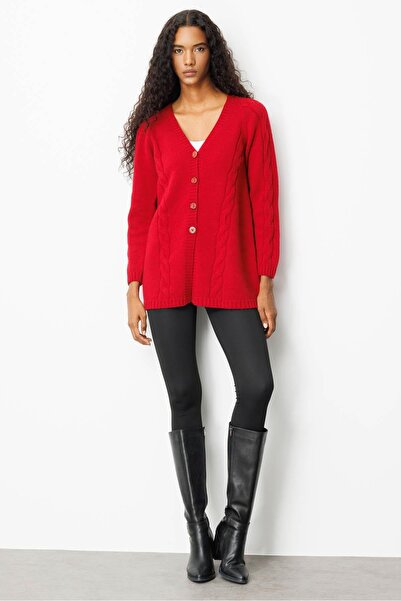 Desen Triko Women's V-Neck Hair Braided Long Wool Cardigan Dark Red