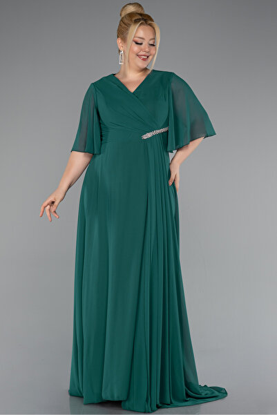 Abiyefon Zümrüt Yeşili Kısa Kol Uzun Şifon Büyük Beden Abiye ABU5051
