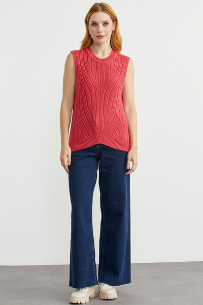 Sementa Long Back Crew Neck Wool Knit Sweater - Coral