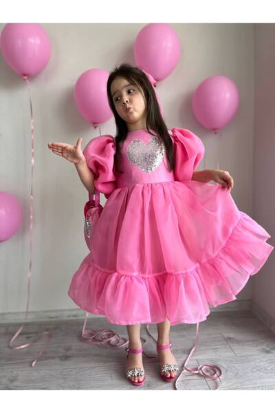 Sare Çocuk Giyim Girl's Pink Heart and Ruffle Detailed Karolin Princess Birthday Evening Dress + Bag + Buckle