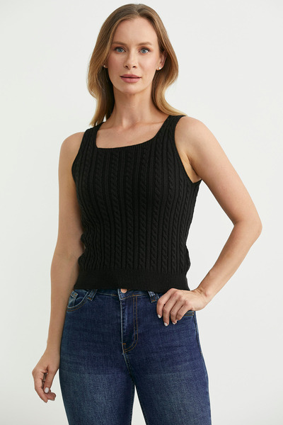 Sementa Hair Braid Square Neck Knitwear Tank Top - Black