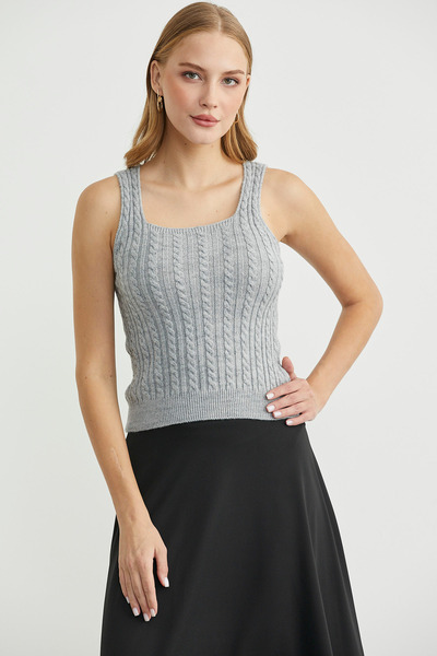 Sementa Hair Braid Square Neck Knitwear Tank Top - Light Gray