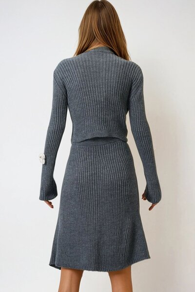 VAGGON Women's Gray Corded Floral Button Detailed Knitwear Cardigan and Skirt Set Vs00972