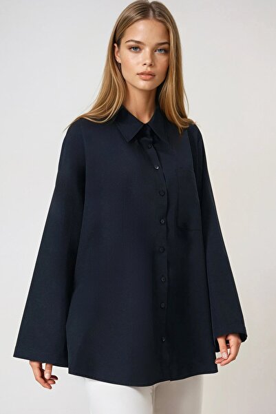 VAGGON Women's Navy Blue Single Pocket Spanish Sleeve Oversize Shirt Vs01016