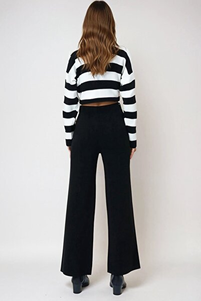 VAGGON Women's Black High Waist Elastic Waist Knitwear Palazzo Pants Vs00973