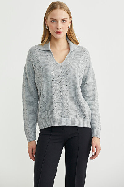 Sementa Polo Neck Patterned Knitwear Sweater - Light Gray