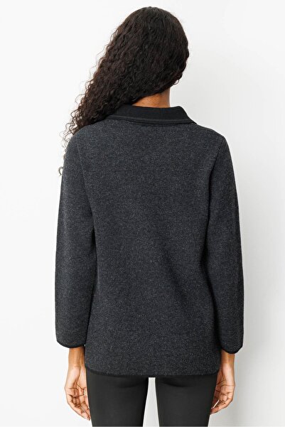 Desen Triko Women's Polo Neck Pocket Embroidered Wool Cardigan Black