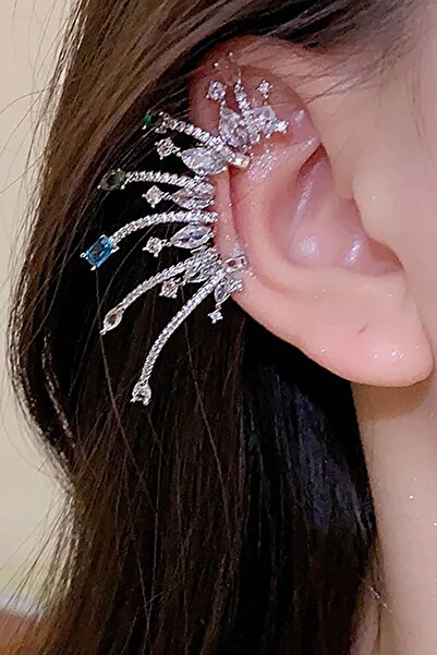 TAKIŞTIR Gümüş Renk Taş Detaylı 14K Altın Kaplama TX Kulak Aksesuarı (Tek)