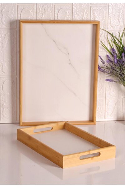 Atbyhome Bambum Marbella - Set of 2 Marble Patterned Trays White Large Small