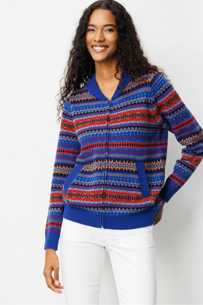 Desen Triko Kadın Hakim Yaka Jakarlı Yün Hırka K.S.Mavi